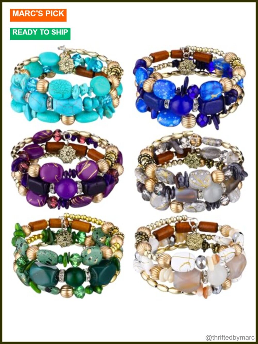 Misdary 6 Pc Boho Multilayer Agate Beads Charm Bracelets Elastic Yoga Stackable